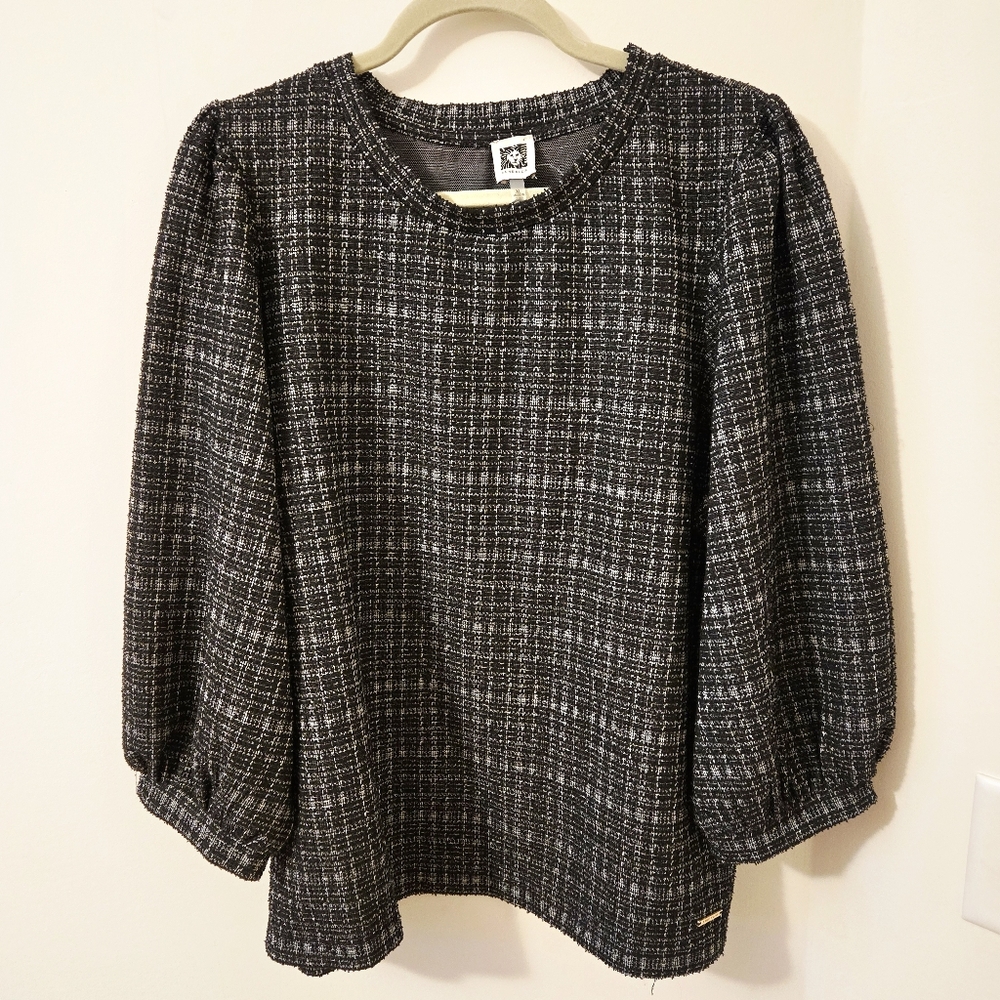 Anne Klein Black White Silver Textured Top Long Sleeves NWT Size XL